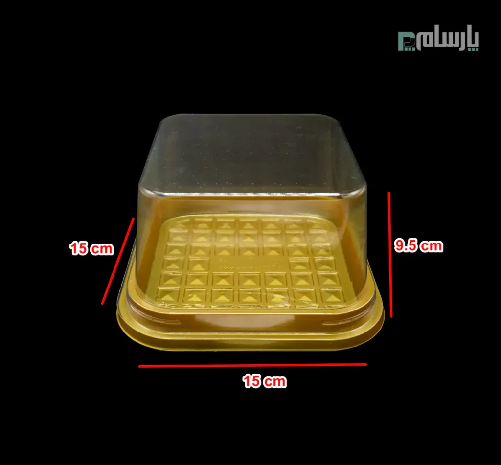 ظرف یکبار مصرف بنتو کیک مربع زیره طلایی مات-پت-ابعاد