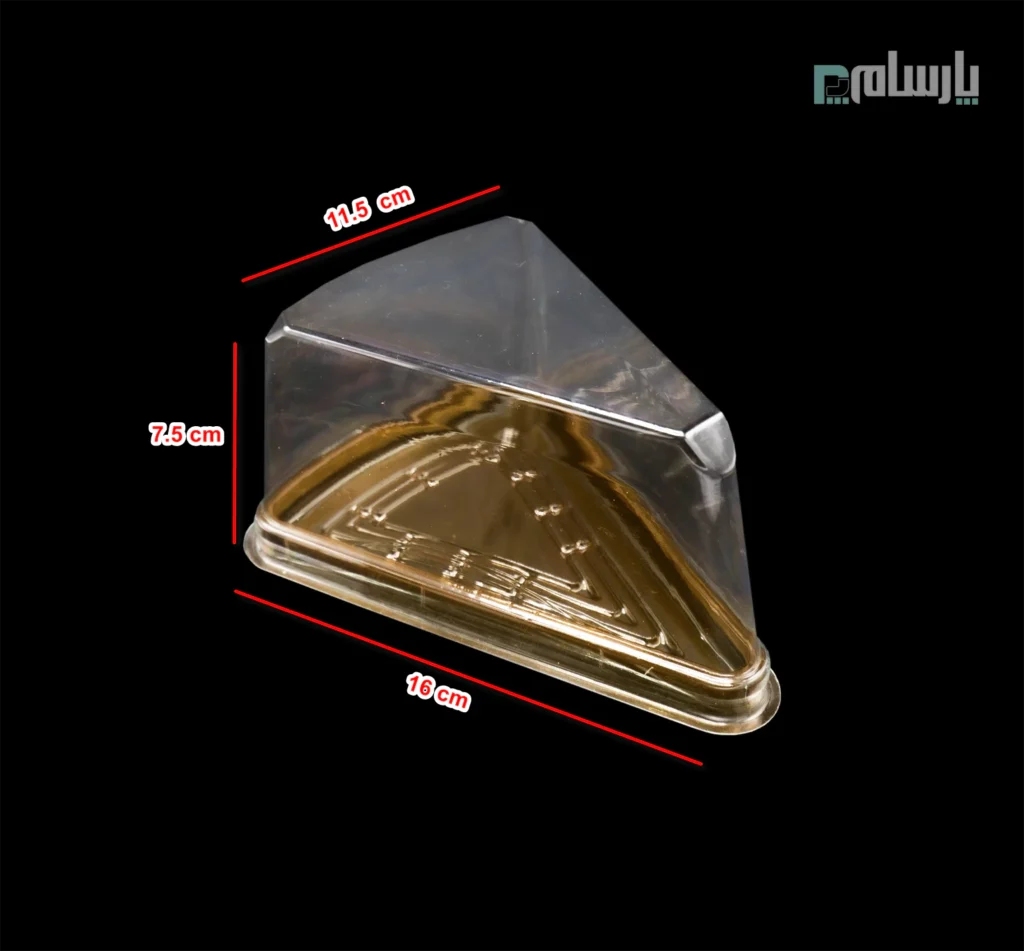 ظرف یکبار مصرف اسلایس کیک مثلثی زیره طلایی شفاف-پت-ابعاد
