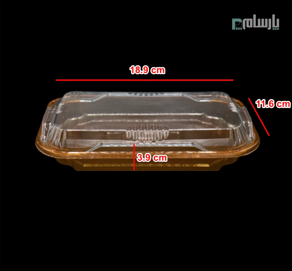 ظرف یکبار مصرف نفیس تک خانه مستطیل طلایی شفاف-پت-ابعاد