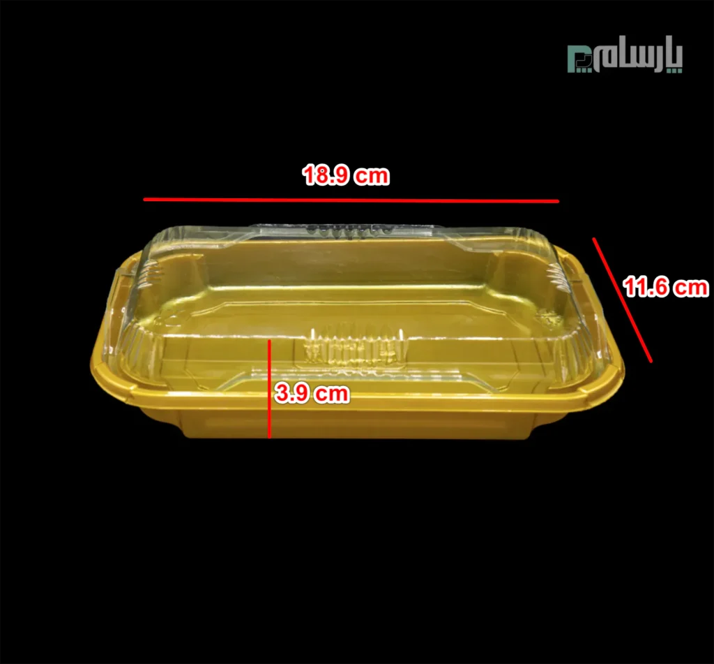 ظرف یکبار مصرف نفیس تک خانه مستطیل طلایی مات-پت-ابعاد