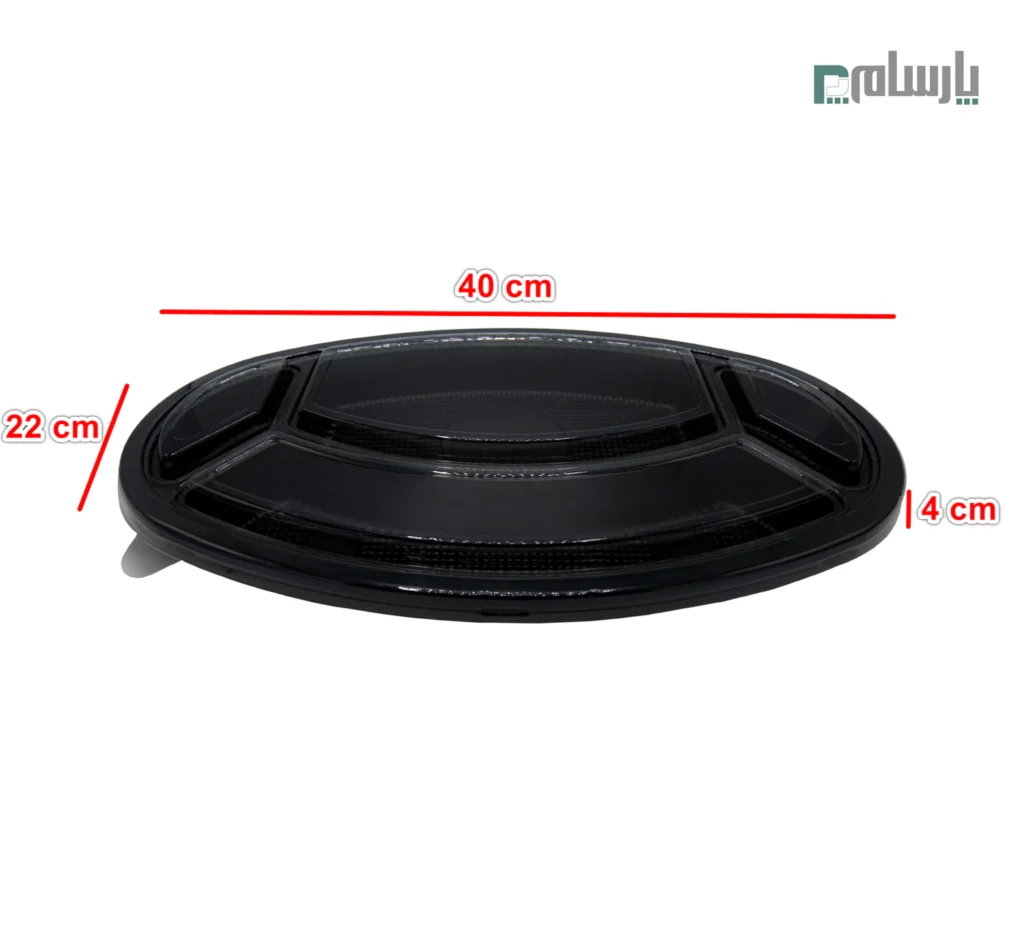 دیس یکبار مصرف چلوکبابی 4 خانه بیضی مشکی توسکا پلاستیک-ابعاد